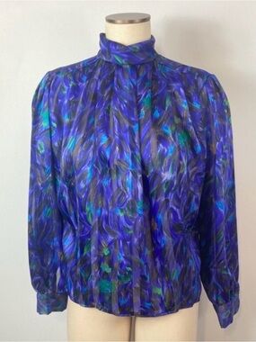 Vintage Anna Kristi High-Neck Purple/Blue Patterned Women's Blouse